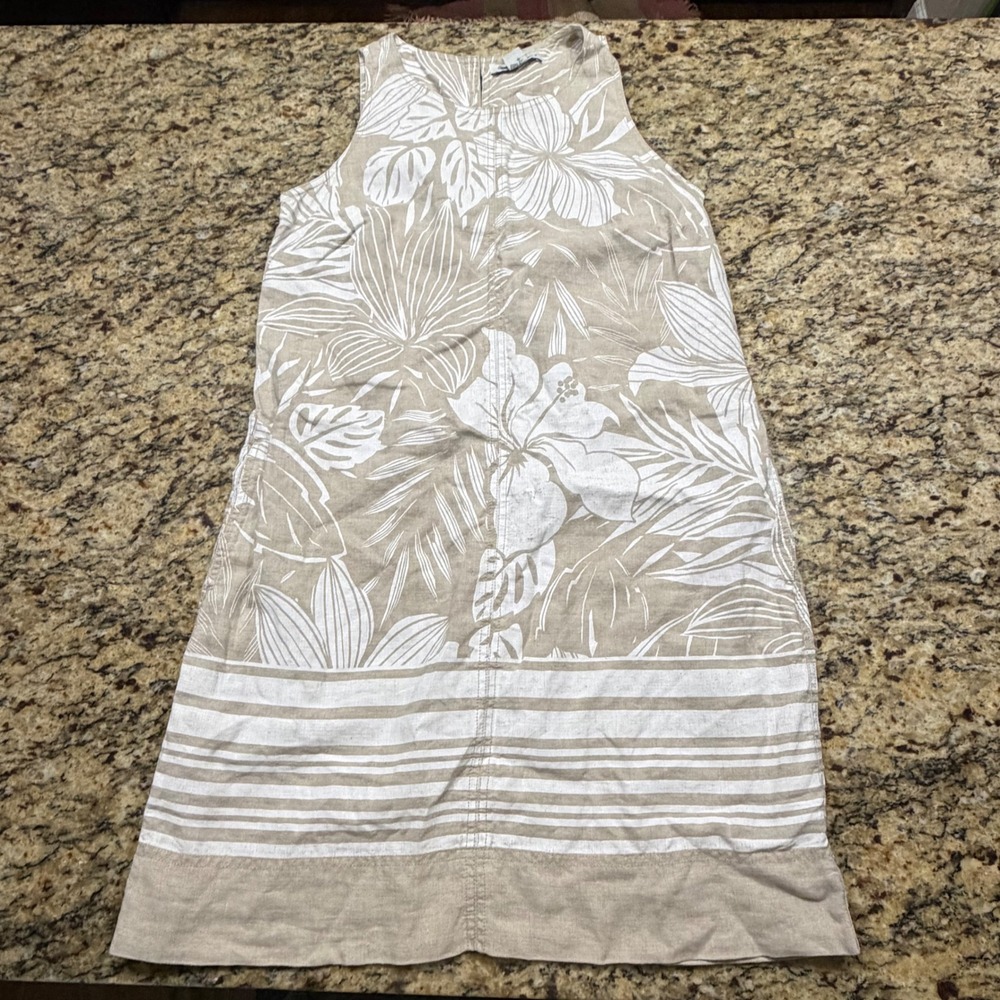 Tommy Bahama Womens Tan White Linen Tropical Floral Shift Dress Pockets Small ws